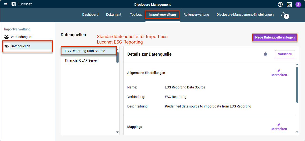 Zeigt den Funktionsbereich Importverwaltung und den Arbeitsbereich Datenquellen. Rot markiert ist außerdem die Schaltfläche, über die eine neue Datenquelle angelegt werden kann.