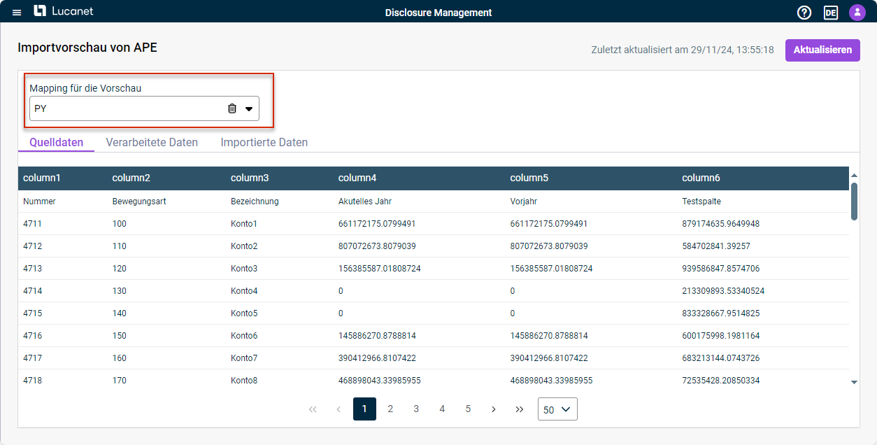 Zeigt das Fenster mit der Vorschau des Datenimports. Die Dropdown-Liste zur Auswahl des Mappings ist rot markiert.