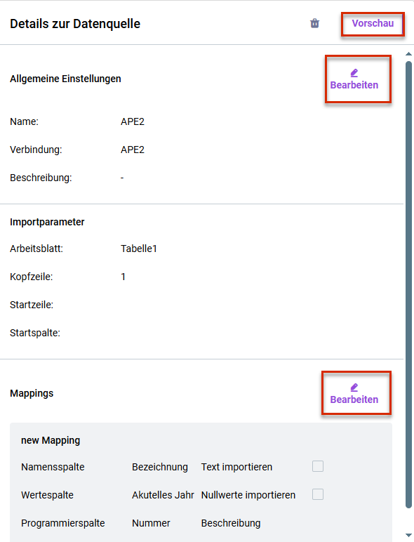 Detailansicht einer Datenquelle. Die Schaltflächen 'Vorschau' und 'Bearbeiten' sind rot umrandet.