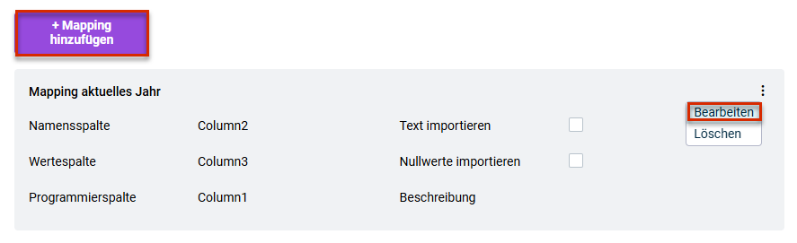 Zeigt die Übersicht der Mappings mit der Schaltfläche Mapping hinzufügen und dem Kontextmenü eines bestehenden Mappings.