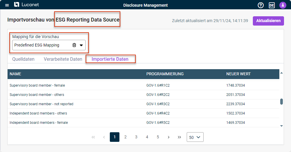 Zeigt eine Vorschau der importierten Daten mit den Spalten Quelldaten, Verarbeitete Daten und Importierte Daten bei Auswahl der vordefinierten Datenquelle für den Import aus dem ESG-Reporting