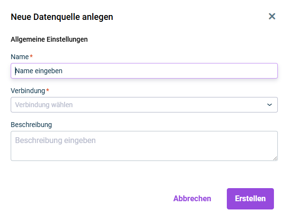 Zeigt die Eingabefelder für die Konfiguration der allgemeinen Einstellungen einer Datenquelle. Am unteren Rand sind Buttons zum Öffnen einer Vorschau, zum Löschen der Datenquelle und zum Abbrechen und Speichern der Eingaben zusehen.