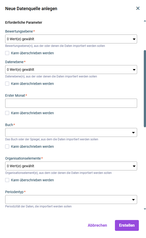 Zeigt die Eingabefelder für die erforderlichen Parameter, die für den Import aus einer Lucanet-Datenbank benötigt werden.