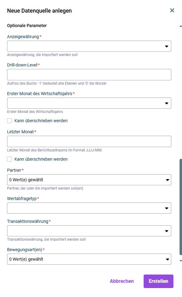 Zeigt die Eingabefelder für die optionalen Parameter, die bei der Parametrisierung einer Datenquelle für den Import aus einer Lucanet-Datenbank angegeben werden müssen.