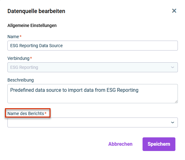 Zeigt den Parameter, der für eine Datenquelle für den Import aus dem Lucanet ESG Reporting definiert werden muss
