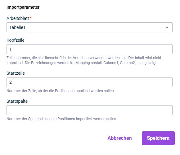 Erforderliche Parameter für Import aus einer Excel-Datei
