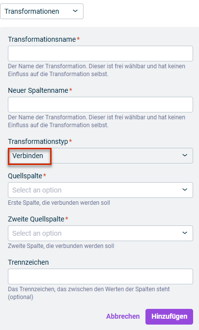 Zeigt die Eingabefelder für die Konfiguration der Transformation vom Typ Join. Der zu wählende Transformationstyp ist rot umrandet.