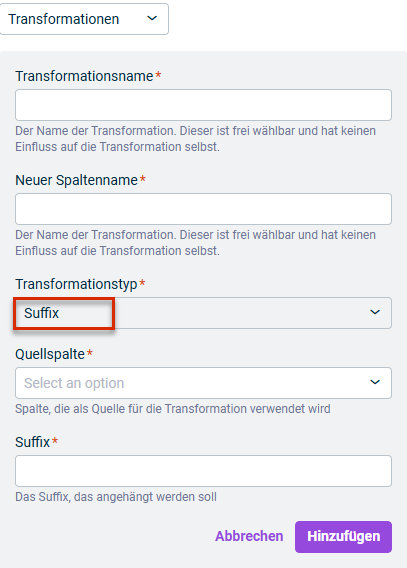 Zeigt die Eingabefelder für die Konfiguration der Transformation vom Typ Suffix. Der zu wählende Transformationstyp ist rot umrandet.