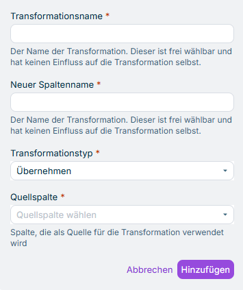 Zeigt die Eingabefelder für die Konfiguration der Transformation vom Typ Übernehmen. Der zu wählende Transformationstyp ist rot umrandet.