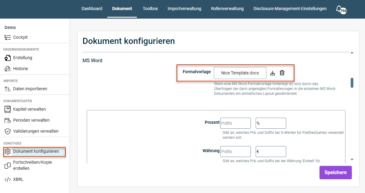 Zeigt den Arbeitsbereich 'Dokument konfigurieren'. Der Bereich 'MS Word' wird angezeigt. Die Optionen zur Formatvorlage sind rot umrandet.