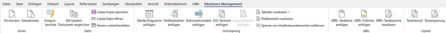 Der Screenshot zeigt das Word-Ribbon für das Disclosure Management