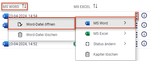Der Screenshot zeigt das Öffnen einer Word-Datei aus dem Cockpit mithilfe des Kontextmenüs.