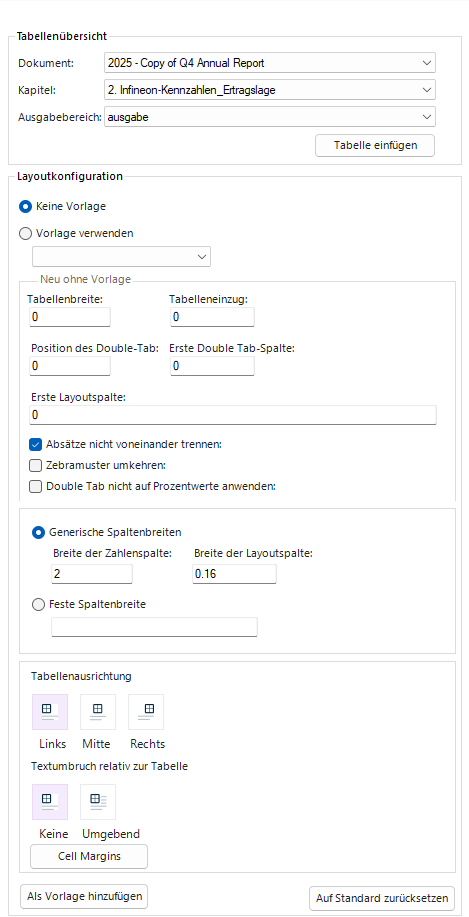 Der Screenshot zeigt den Dialog 'Tabellekonfiguration'. Der Dialog enthält Beispielwerte für Dokument, Kapitel und den Ausgabebereich.