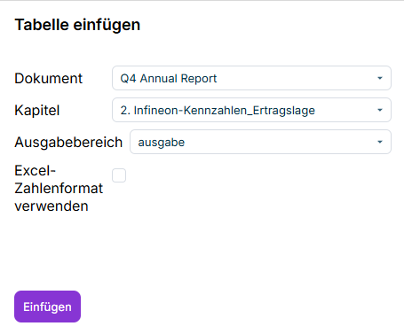 Das Aufgabenfenster 'Tabelle einfügen' in Office for the Web mit den Auswahllisten 'Dokument', 'Kapitel' und 'Ausgabebereich' sowie dem Kontrollkästchen 'Excel-Zahlenformat verwenden'.