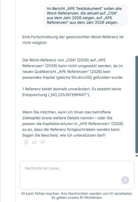 Meldung von Lucanet Lume, dass eine Word-Referenz aufgrund fehlender Entsprechung (NO_COUNTERPART) nicht neu zugeordnet werden konnte.