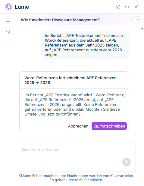 Unterhaltung mit Lucanet Lume zum Neuzuordnen von Word-Referenzen zu einem neuen Quelldokument.