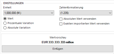 Der Screenshot zeigt einen Ausschnitt aus dem Dialog 'Fließtextzahl einfügen'. Im Ausschnitt werden aus dem Dialog 'Fließtextzahl einfügen' der Name und Wert der zur Verfügung stehenden Fließtextzahlen angezeigt. Außerdem werden drei Schalflächen zum Einfügen von Werten und Abweichungen angezeigt.