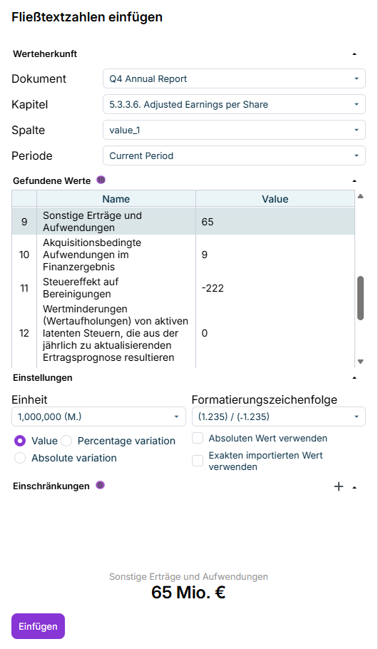 Das Aufgabenfenster 'Fließtextzahlen einfügen' in Office for the Web mit Optionen zur Auswahl von Dokument, Kapitel, Spalte und Periode sowie einer Liste der verfügbaren Werte.