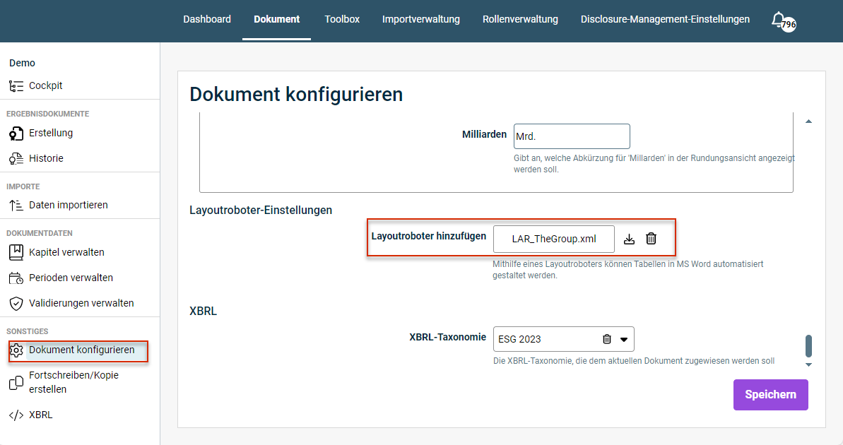 Zeigt den Arbeitsbereich 'Dokument konfigurieren'. Der Bereich 'Layoutroboter_Einstellungen' wird angezeigt. Die Optionen zum Layoutroboter sind rot umrandet.