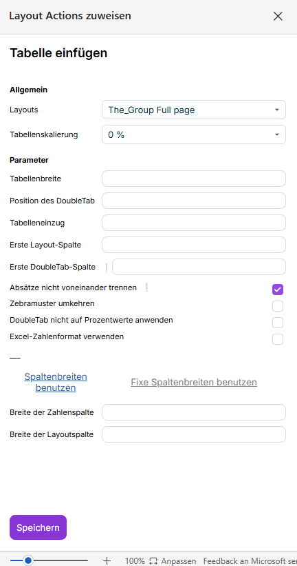 Das Aufgabenfenster 'Layout Actions zuweisen' in Office for the Web mit den Bereichen 'Allgemein' und 'Parameter' sowie den Optionen zu den Spaltenbreiten.