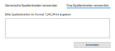Der Screenshot zeigt den Bereich 'Spalten' aus dem Dialog 'Layout Actions'. Im Dialog wird der Reiter 'Fixe Spaltenbreiten verwenden' angezeigt.
