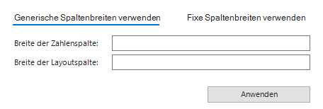 Der Screenshot zeigt den Bereich 'Spalten' aus dem Dialog 'Layout Actions'. Im Dialog wird der Reiter 'Generische Spaltenbreiten verwenden' angezeigt.