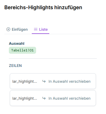 Reiter 'Liste' im Aufgabenfenster 'Bereichs-Highlights hinzufügen' mit den angewendeten Bereichshervorhebungen.