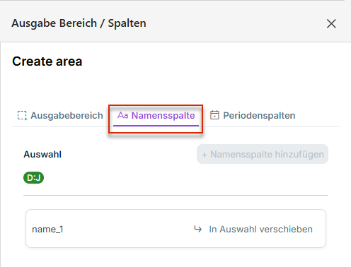 Das Aufgabenfenster 'Ausgabe Bereich / Spalten' mit geöffnetem Reiter 'Namensspalte'.