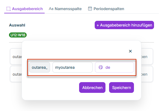 Beim Hinzufügen eines Ausgabebereichs werden ein Namenszusatz und ein Sprachkürzel abgefragt.