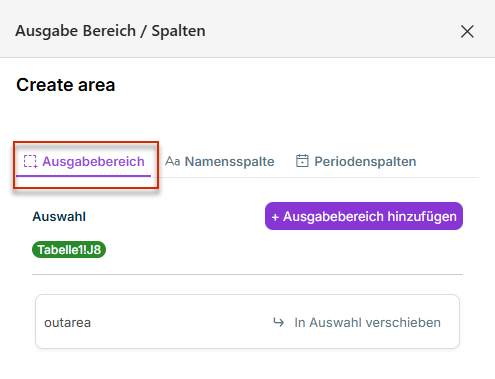 Das Aufgabenfenster 'Ausgabe Bereich / Spalten' wird in Office for the Web angezeigt. Der Reiter 'Ausgabebereich' ist geöffnet.