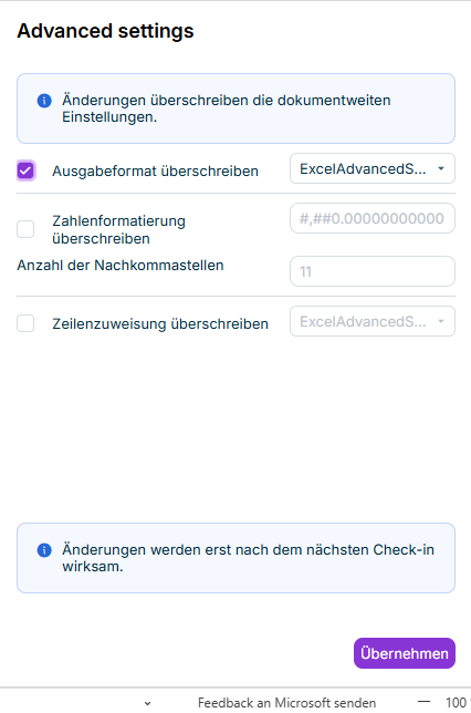 Die erweiterten Einstellungen einer Excel-Datei werden in Office for the Web als Aufgabenfenster angezeigt.