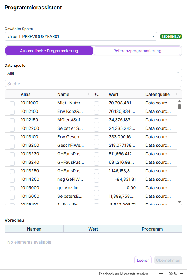 Der Programmierassistent von Disclosure Management wird in Office for the Web als Aufgabenfenster angezeigt. Der Reiter 'Automatische Programmierung' ist geöffnet.