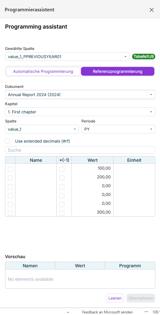 Der Programmierassistent von Disclosure Management wird in Office for the Web als Aufgabenfenster angezeigt. Der Reiter 'Referenzprogrammierung' ist geöffnet.