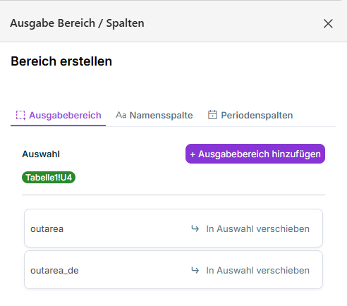 Windows-Pane zum Anlegen und Bearbeiten von Ausgabebereichen und Spalten