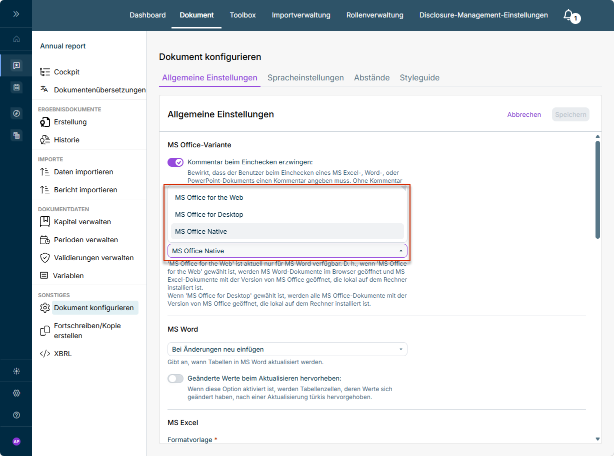 Auswahl der MS Office-Variante unter 'Allgemeine Einstellungen' mit den Optionen 'MS Office for the Web', 'MS Office for Desktop' und 'MS Office Native'