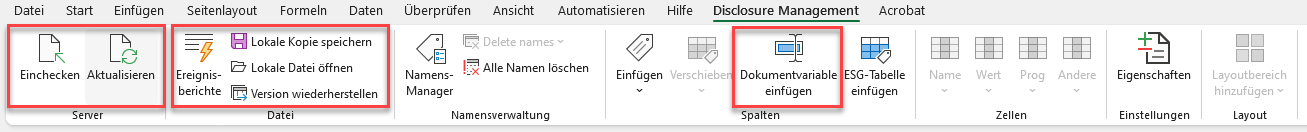 Der Screenshot zeigt das Excel-Ribbon für das Disclosure Management in MS Office for Desktop. Die Bereiche 'Server' und 'Datei' und die Schaltfläche 'Dokumentvariable einfügen' sind hervorgehoben.