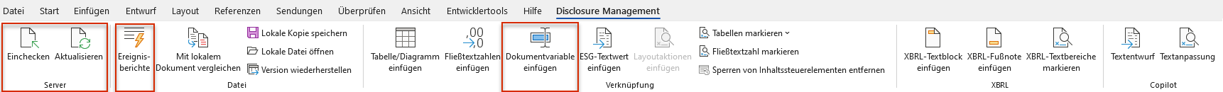 Der Screenshot zeigt das Word-Ribbon für das Disclosure Management in MS Office for Desktop. Die Bereiche 'Server' und 'Datei' und die Schaltfläche 'Dokumentvariable einfügen' sind hervorgehoben.