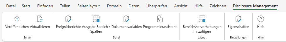 Der Screenshot zeigt das Excel-Ribbon für das Disclosure Management in MS Office for the Web mit den Bereichen 'Server', 'Datei', 'Layout', 'Einstellungen' und 'Hilfe'.
