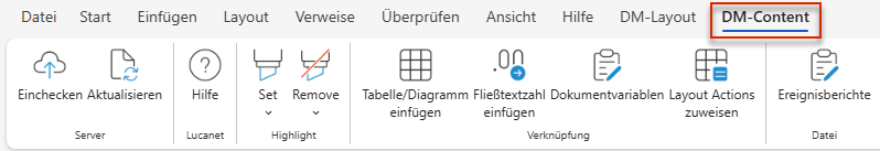 Der Screenshot zeigt den Reiter 'DM-Content' des Word-Ribbons in MS Office for the Web mit den Bereichen 'Server', 'Lucanet', 'Highlight', 'Verknüpfung' und 'Datei'.