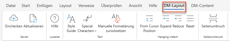 Der Screenshot zeigt den Reiter 'DM-Layout' des Word-Ribbons in MS Office for the Web mit den Bereichen 'Server', 'Lucanet', 'Text', 'Hanging Indent' und 'Seitenumbruch'.