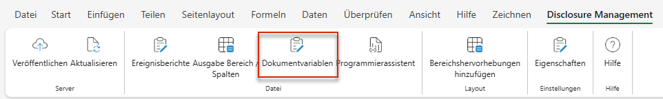 Schaltfläche 'Dokumentvariablen' im Disclosure Management-Ribbon