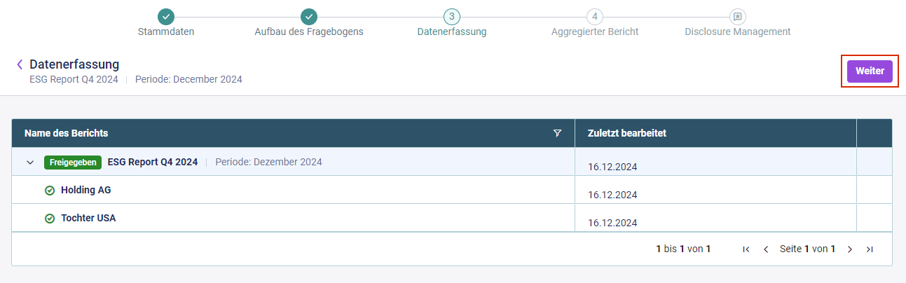 Es wird unten rechts die Option zum Erzeugen von Berichtsdaten angezeigt.