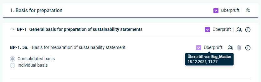 Die Antwort auf eine Frage eines ESG-Berichts wird angezeigt. Die Schaltfläche 'Überprüft' ist aktiviert..
