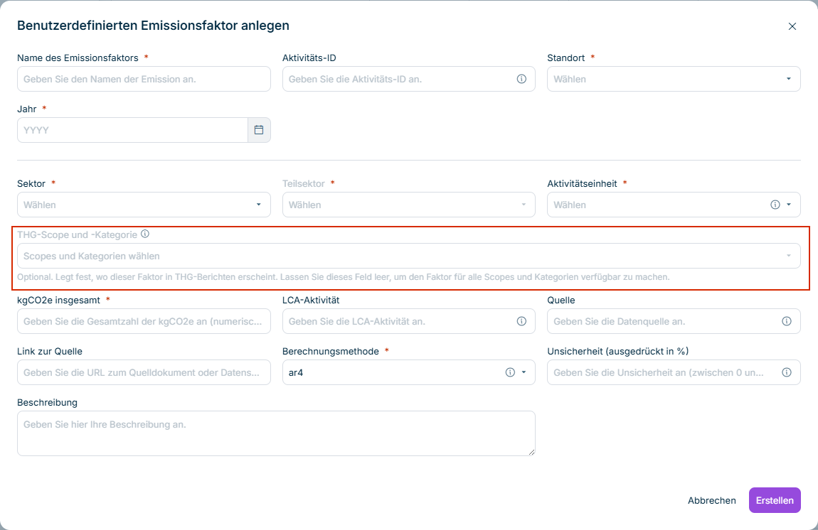 Der Dialog 'Benutzerdefinierten Emissionsfaktor anlegen' mit dem optionalen Feld 'THG-Scope und -Kategorie' und dessen Hilfetext.