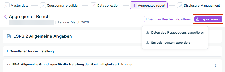 Das Menü 'Exportieren' mit den Optionen 'Daten des Fragebogens exportieren' und 'Emissionsdaten exportieren'.