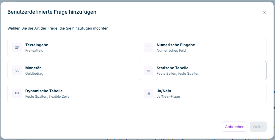 Der Dialog 'Benutzerdefinierte Frage hinzufügen' zeigt sechs Fragetyp-Karten: Texteingabe, Numerische Eingabe, Monetär, Statische Tabelle, Dynamische Tabelle und Ja/Nein.
