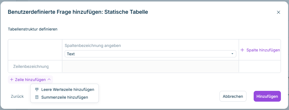 Das Dropdown '+ Zeile hinzufügen' zeigt die Optionen 'Leere Wertezeile hinzufügen' und 'Summenzeile hinzufügen'.
