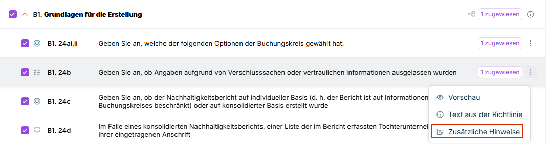 Das Drei-Punkte-Menü für eine Frage ist angezeigt. Die Option 'Zusätzliche Hinweise' ist rot hervorgehoben.