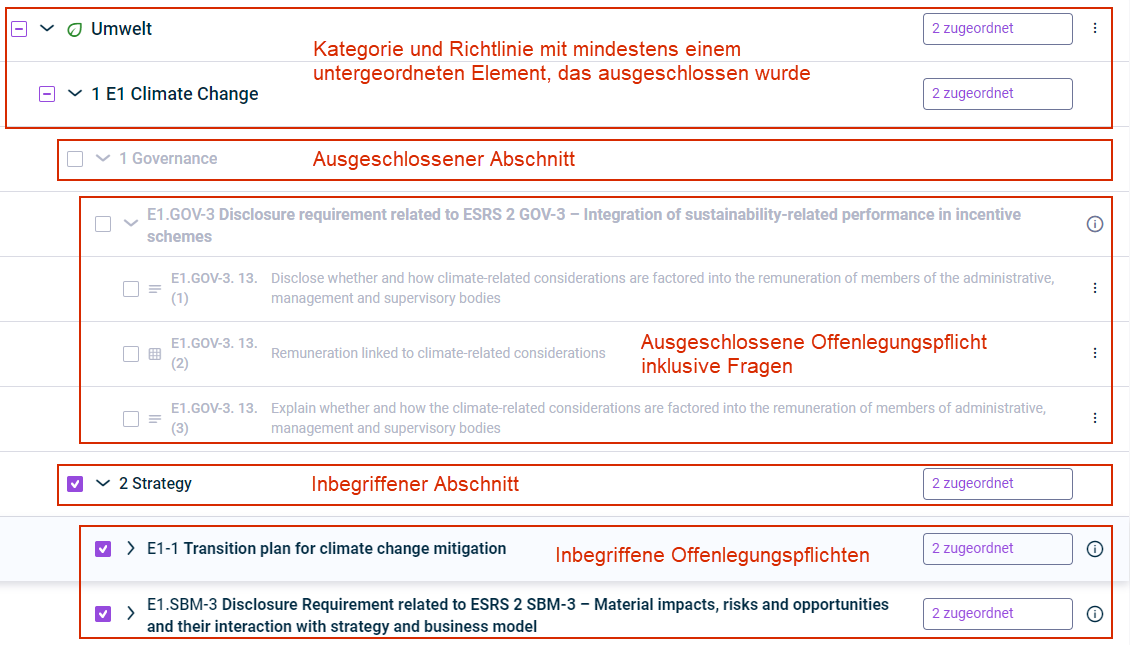 Es werden die Optionen zum Ein- oder Ausschließen von Fragen angezeigt und erklärt.