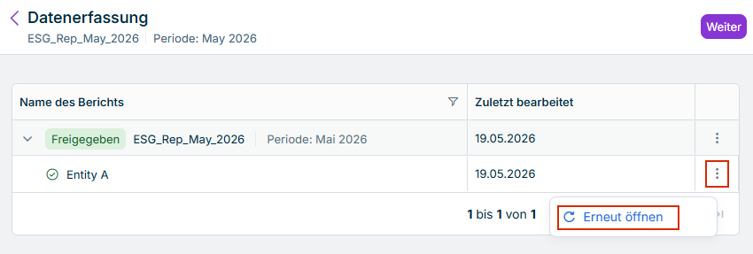 Die Datnerfassungsseite wird angezeigt. Die Schaltfläche zum erneuten Öffnen der Datenerfassung für einen Buchungskreis ist rot hervorgehoben.